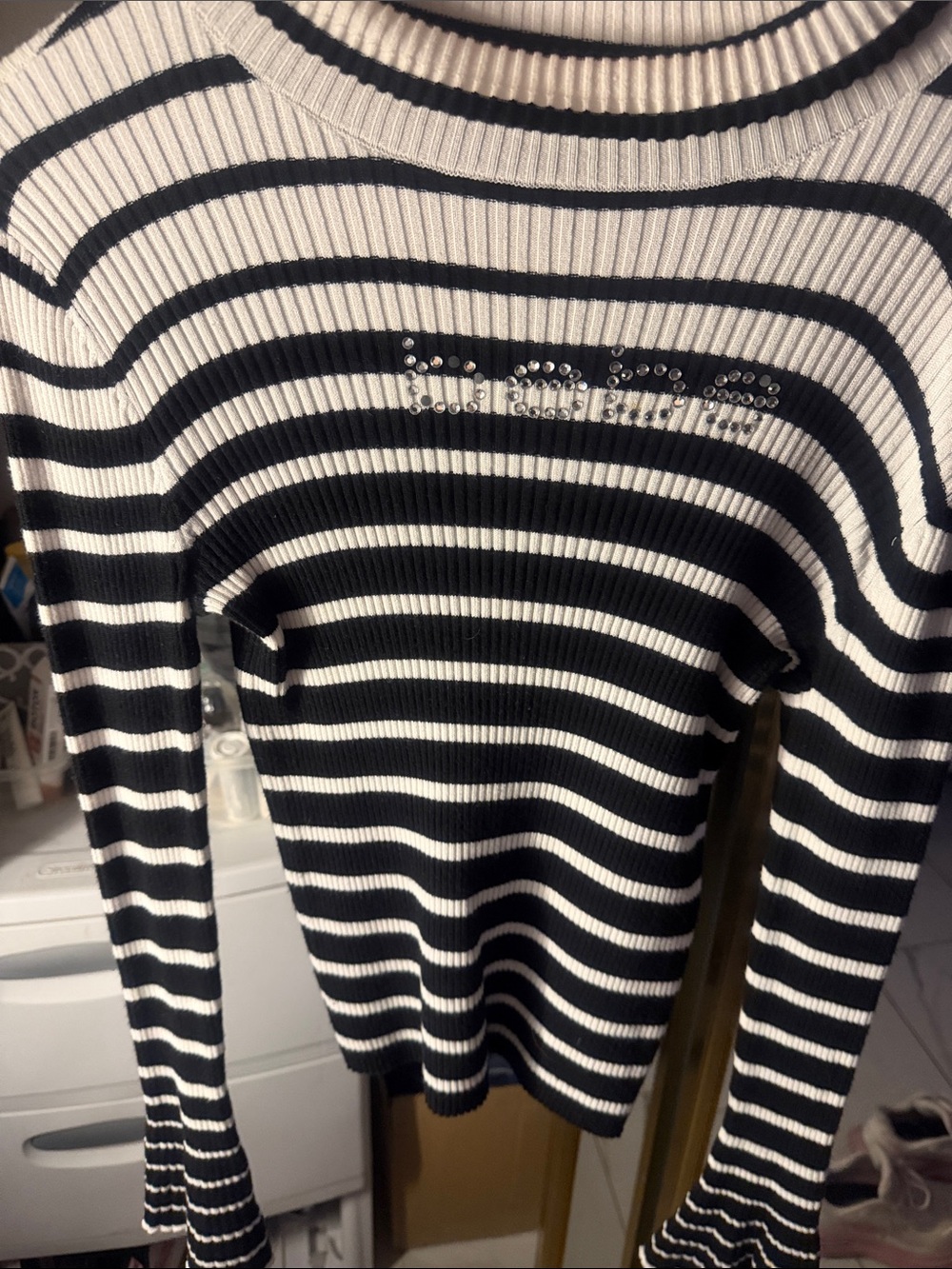 bebe Black and White Striped Ribbed Crew Sweater with Rhinestone Logo